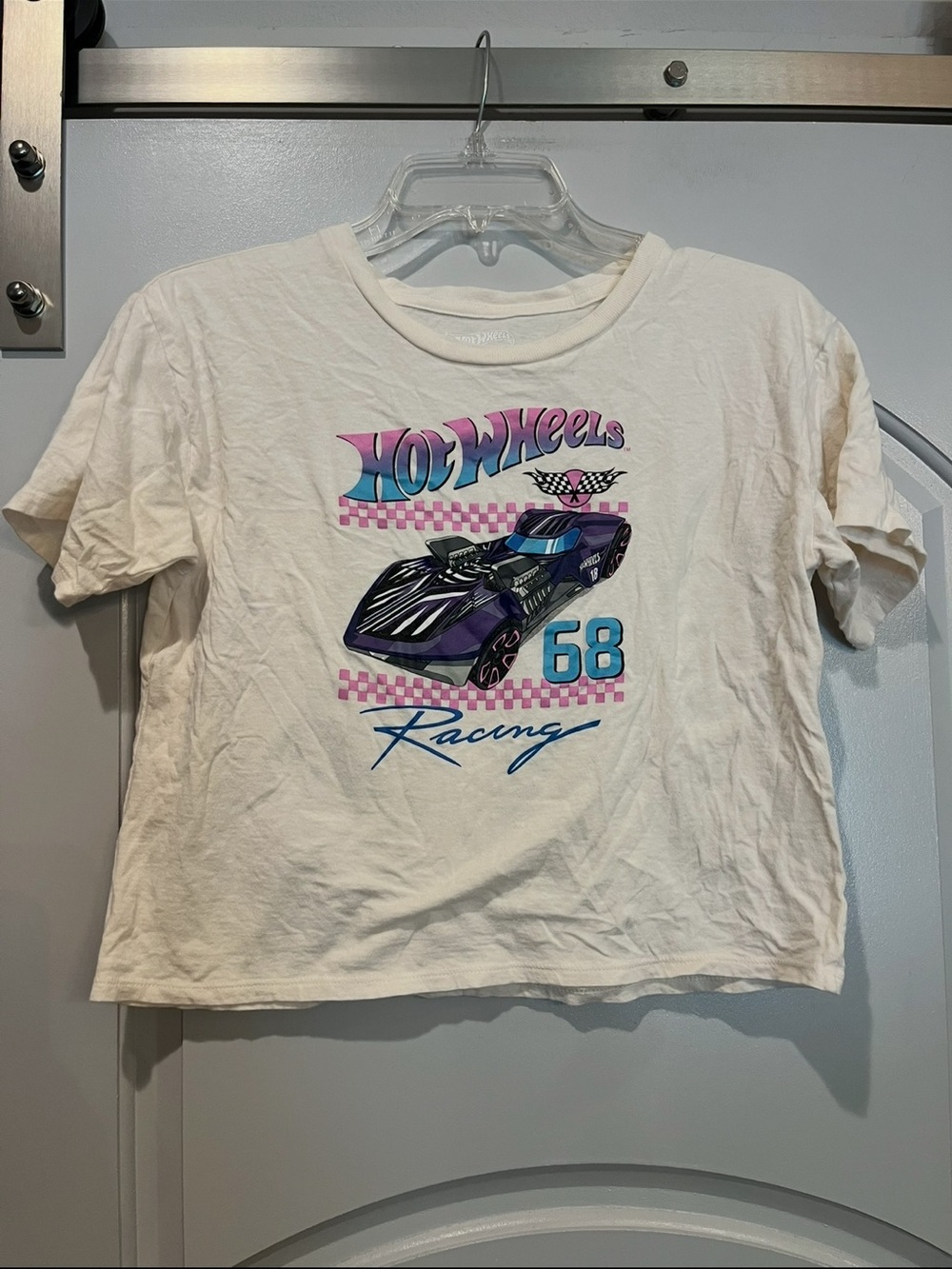 Cream Hot Wheels purple Racing car Graphic cropped Tee. Fun and nostalgic!